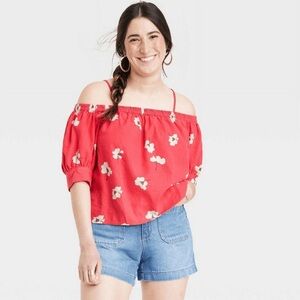 Universal Thread Linen Blend Red Floral Puff Sleeve Crop Blouse Size Large